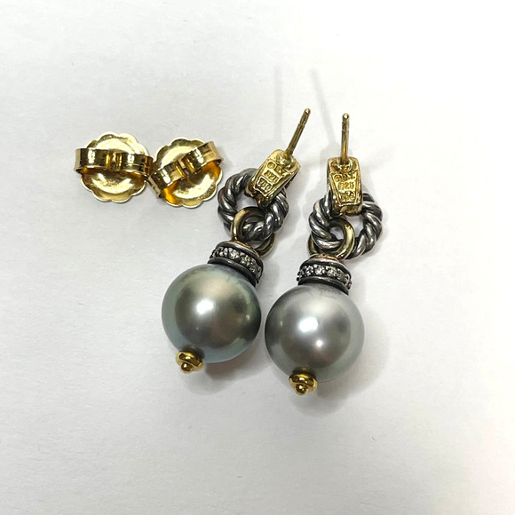 David Yurman Sterling Silver, 18K Tahitian Pearls Diamond Drop Earrings - Picture 3 of 5